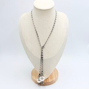Silver Tone Pearl Tassel Necklace – Rhinestone Drop Statement Pendant